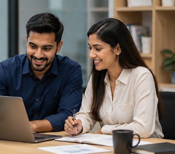 Couple reviewing finances on a laptop