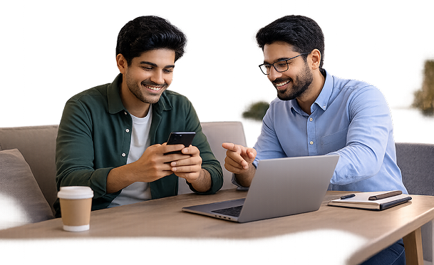 Two people reviewing loan details together on a laptop